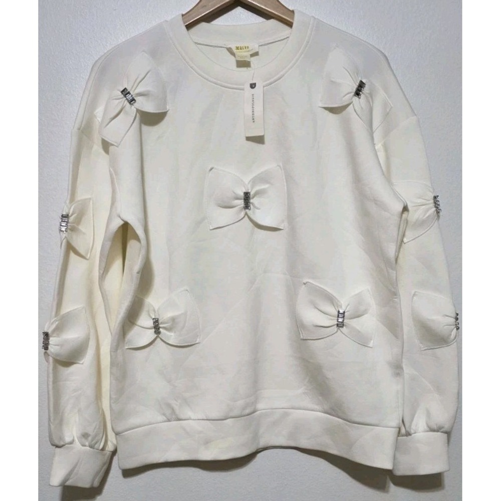 NWT Anthropologie Maeve English Factory Bow Sweatshirt White‎ Sz M Pullover Crew